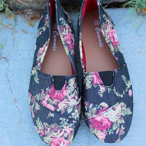 Navy Blue Floral Flats Shoes Comfy Flower Slip On - Picture 5 of 5